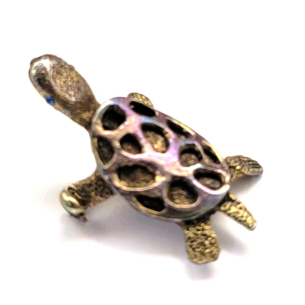 Signed MR WE Turtle Brooch Blue Rhinestone Eyes Gold Tone Vintage